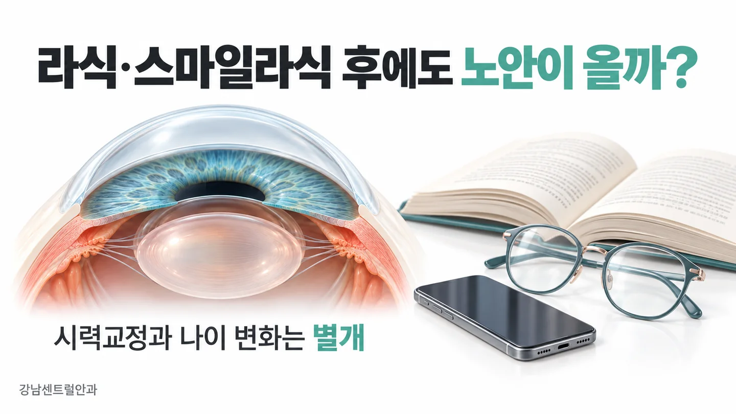 라식 후 노안의 핵심을 설명하는 의료 일러스트