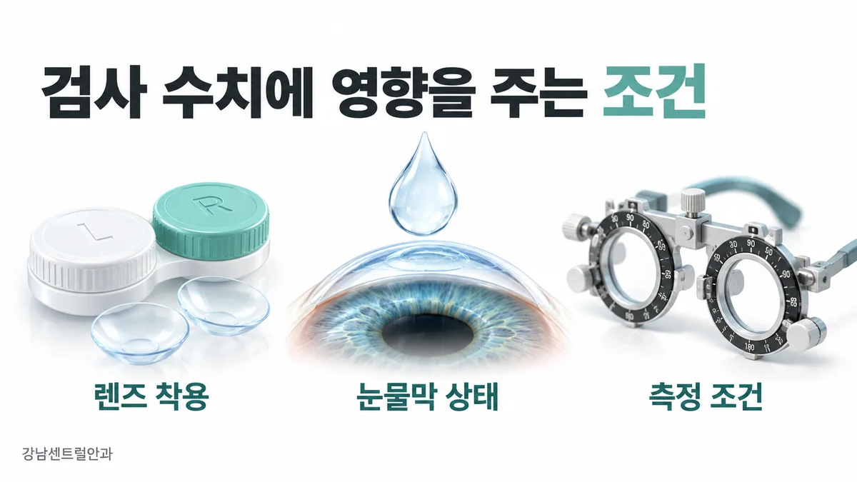 렌즈 착용 이력, 눈물막 상태, 측정 조건을 비교하는 검사 수치 안내