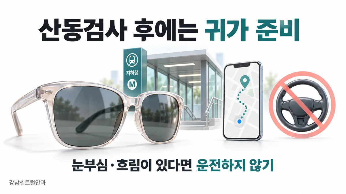산동검사 후 선글라스와 대중교통 귀가를 준비하고 흐린 시야에서 운전을 피하는 안내