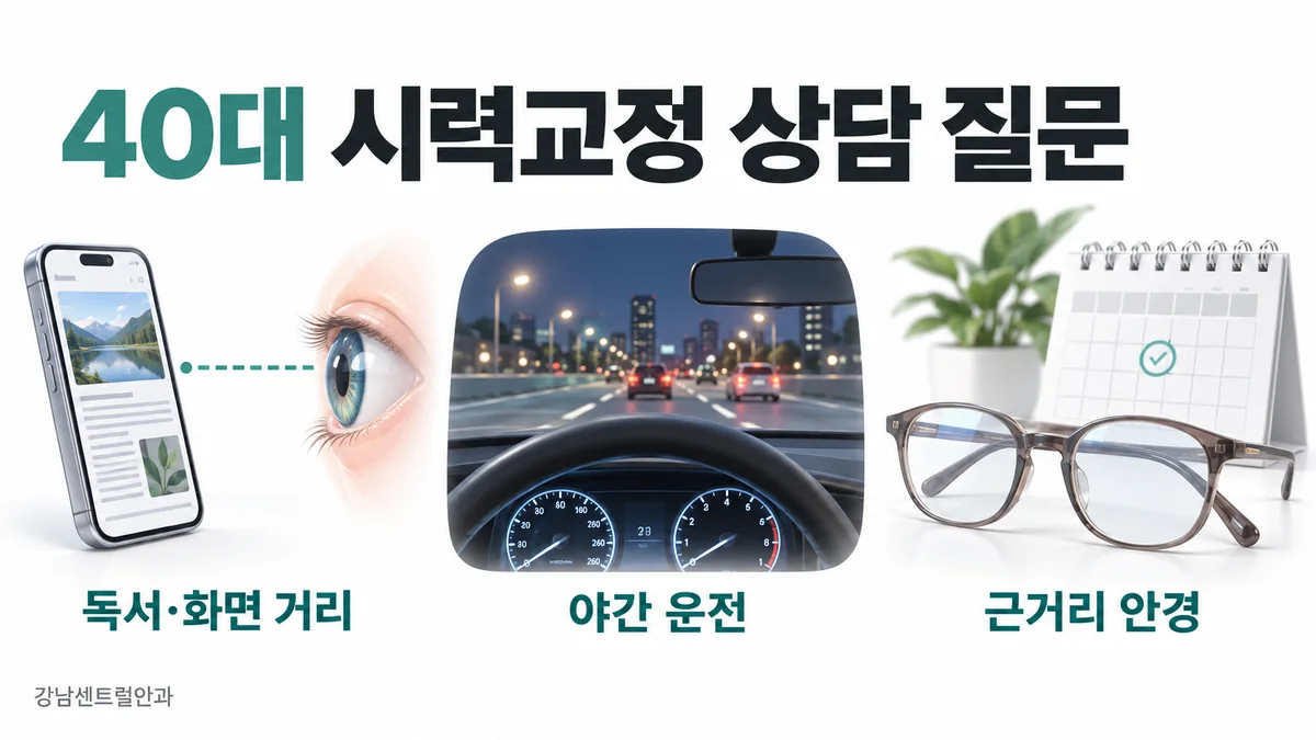 독서·화면 거리, 야간 운전, 근거리 안경을 확인하는 40대 시력교정 상담 질문