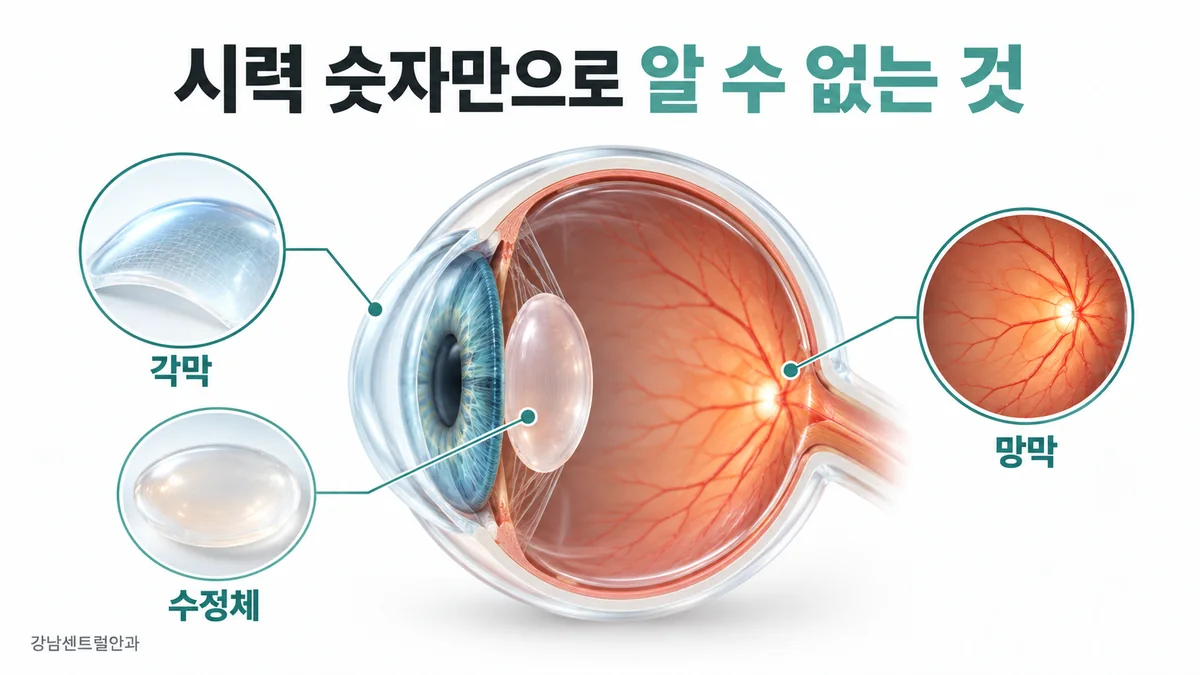 시력 숫자 외에 각막·수정체·망막을 확인하는 눈 건강 평가 개념도