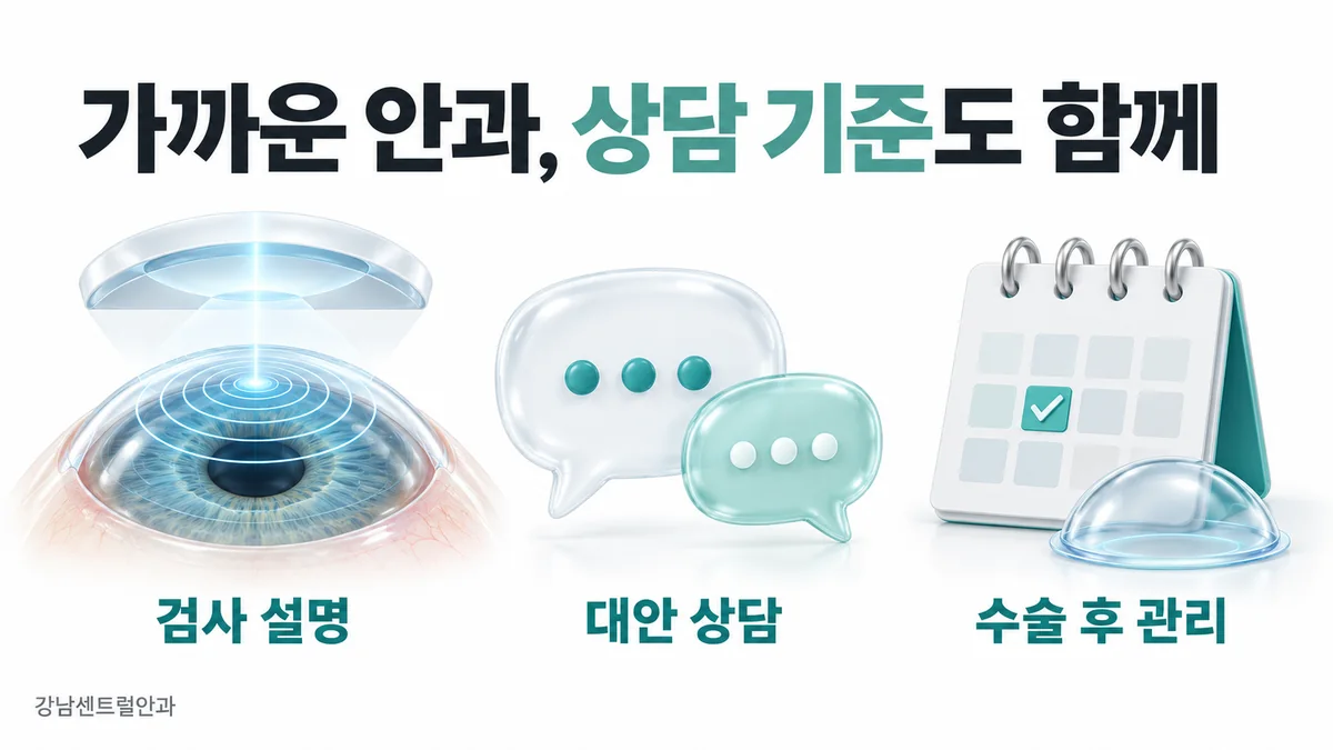 검사 설명, 대안 상담, 수술 후 관리를 비교하는 안과 상담 기준