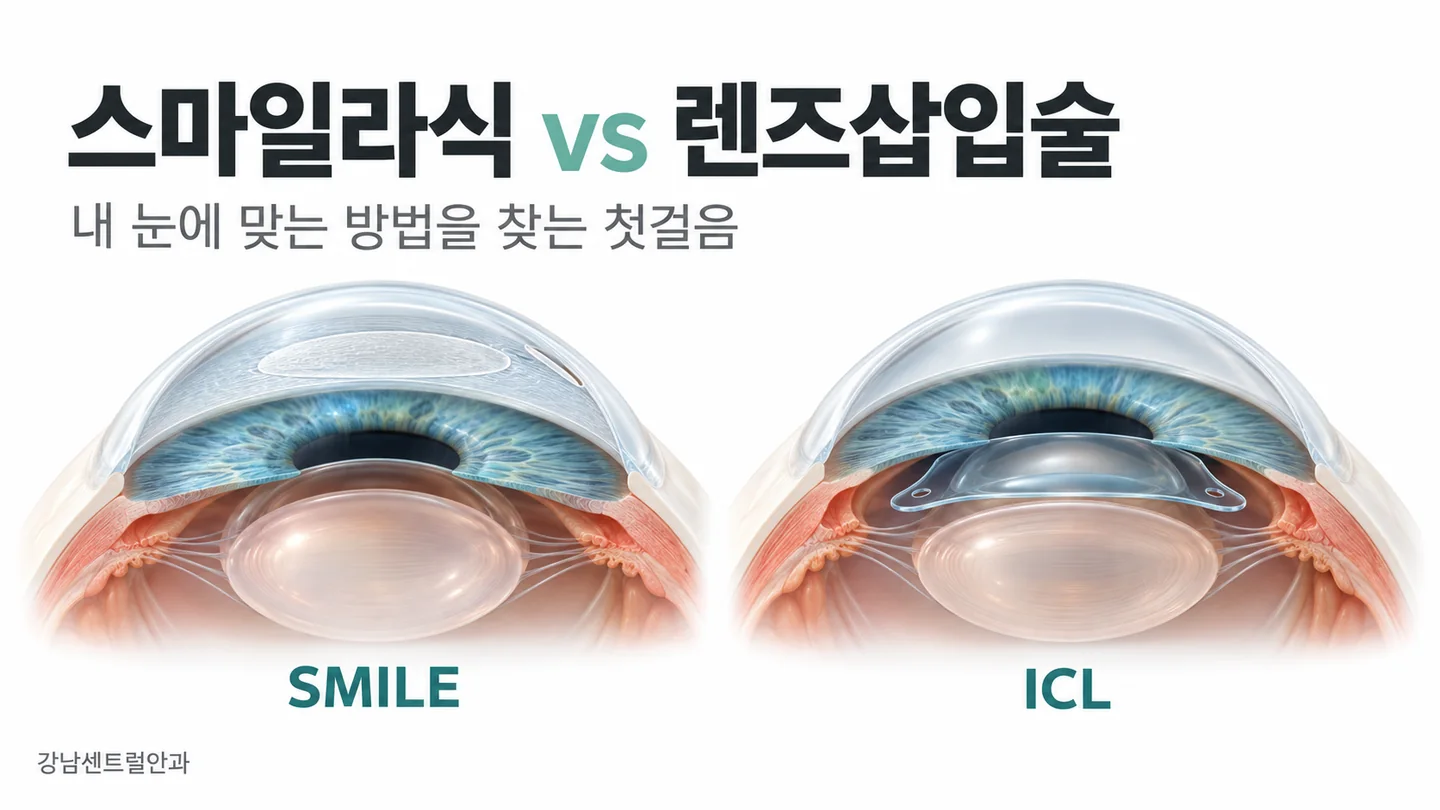 스마일라식 렌즈삽입술 차이의 핵심을 설명하는 의료 일러스트
