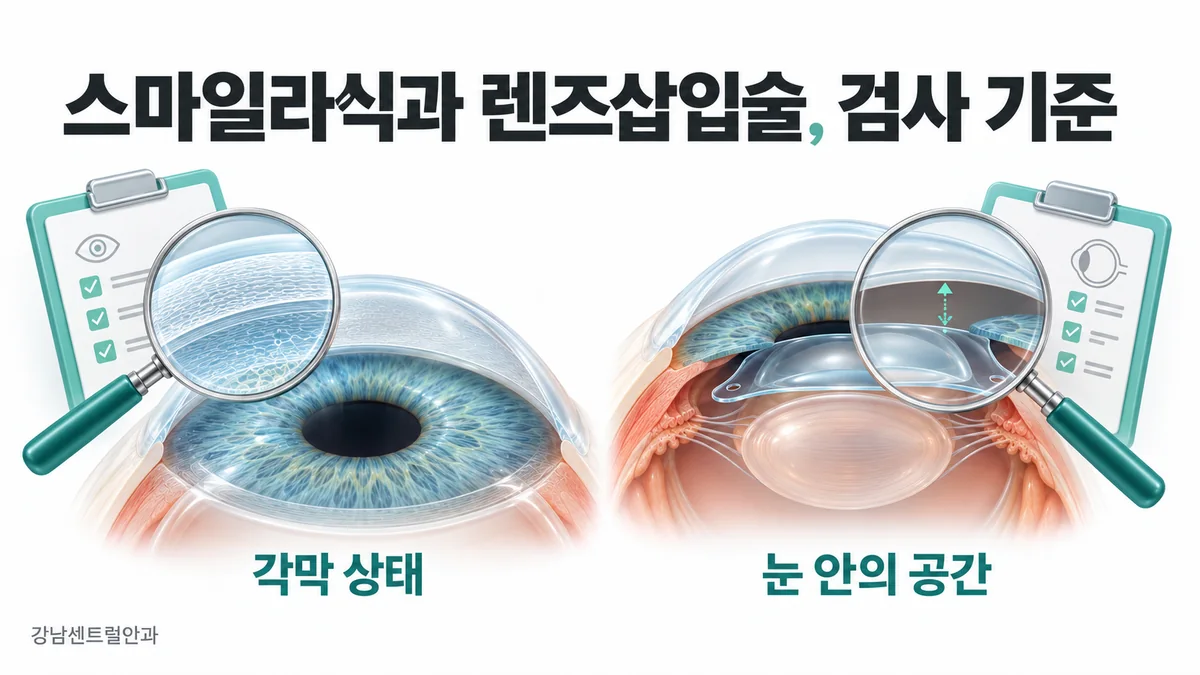 각막 상태와 눈 안의 공간을 따로 확인하는 스마일라식·ICL 검사 개념도