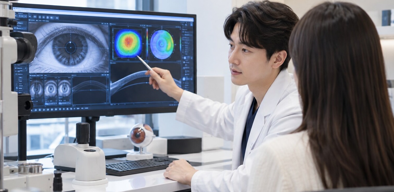 모니터에 표시된 각막 검사 결과 화면을 펜으로 가리키며 설명하는 의료진과 옆에서 함께 보는 사람