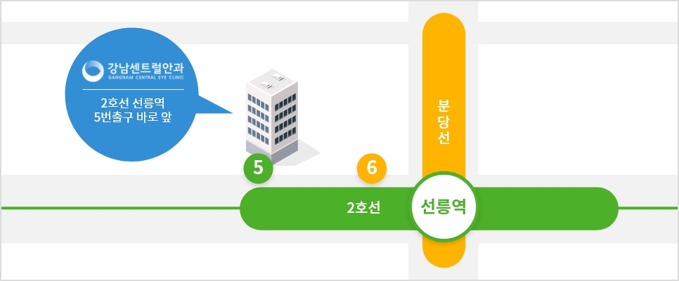 선릉역 5번·6번 출구와 병원 건물 위치를 표시한 약도
